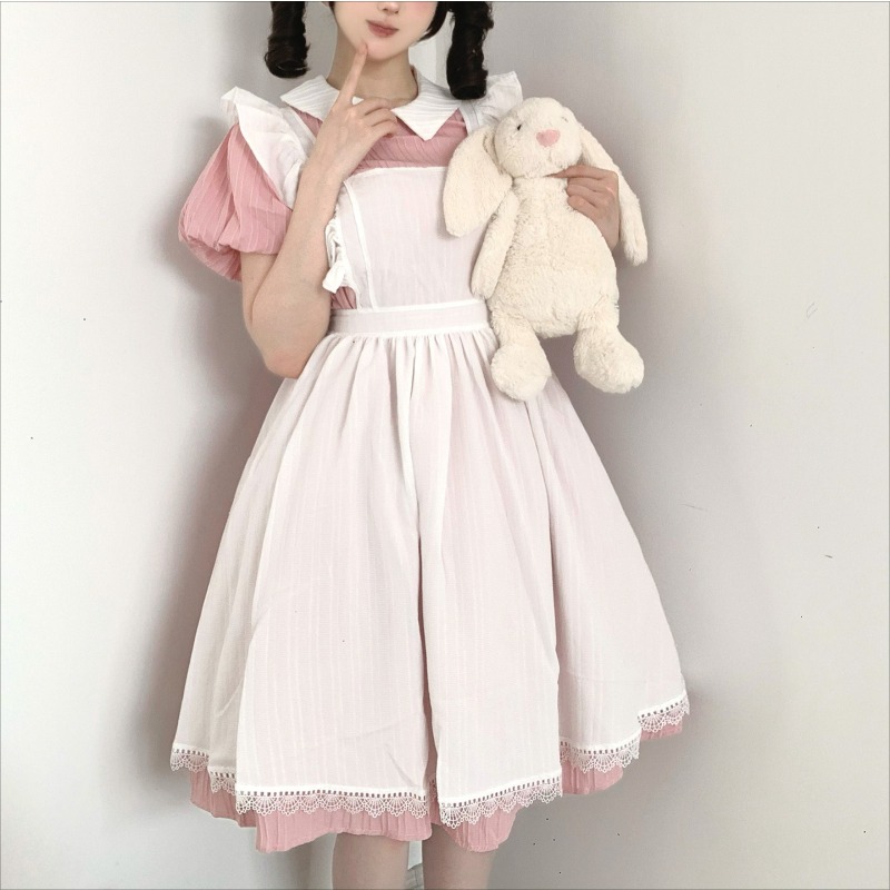 Long Pink White Maid Dress wit - огляд і ціна Vintage Fashion Dresses
